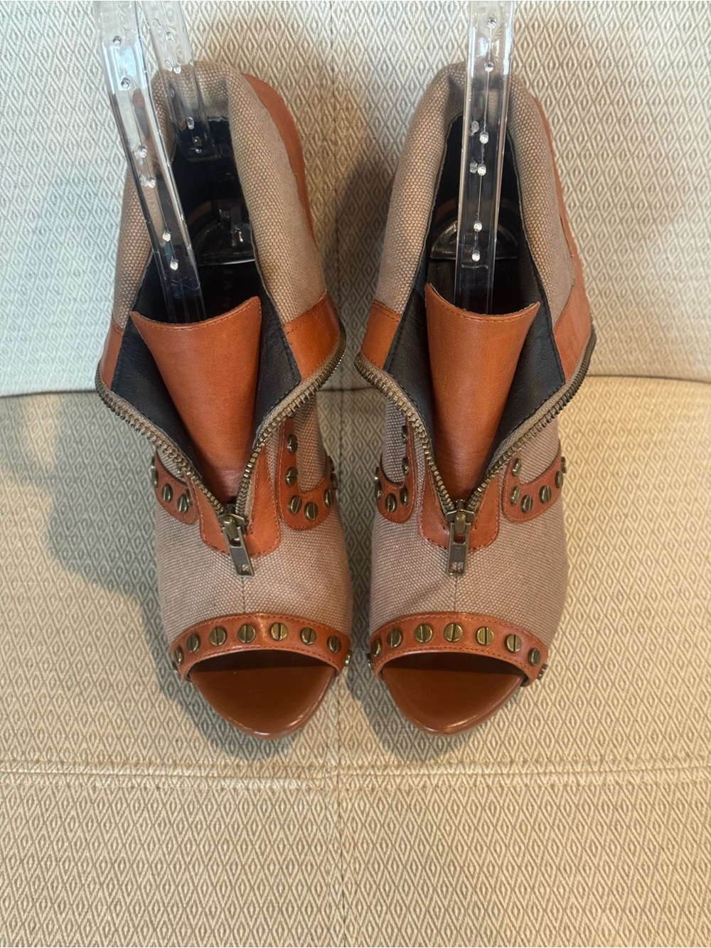 Trouve Tan and Beige Studded Peep-Toe Zip Mules